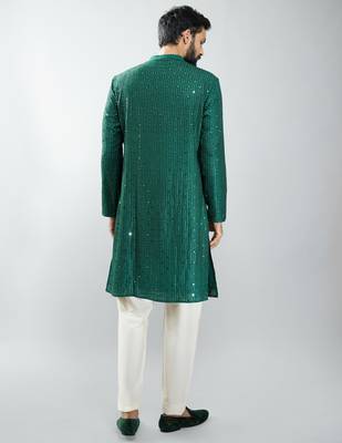 men bottle green silk blend mirror work kurta set with cream pyjama  wedding & festive wear 5