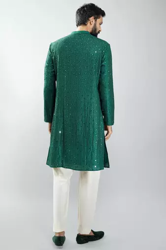 men bottle green silk blend mirror work kurta set with cream pyjama  wedding & festive wear