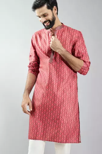 men maroon silk blend digital print kurta with sequin work  wedding & festive wear