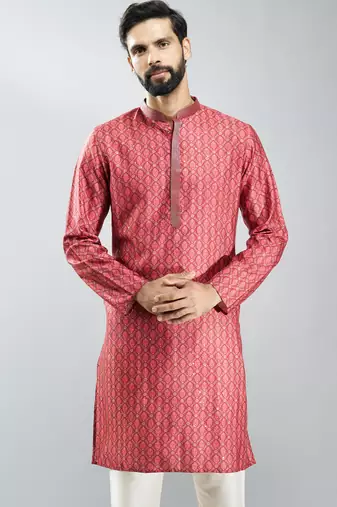 men maroon silk blend digital print kurta with sequin work  wedding & festive wear
