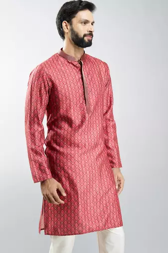 men maroon silk blend digital print kurta with sequin work  wedding & festive wear