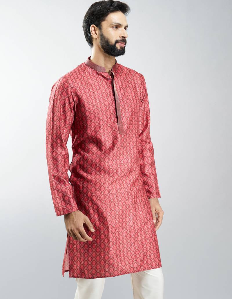 men maroon silk blend digital print kurta with sequin work  wedding & festive wear