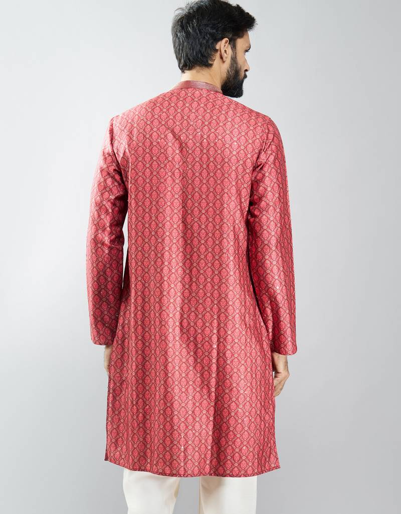 men maroon silk blend digital print kurta with sequin work  wedding & festive wear