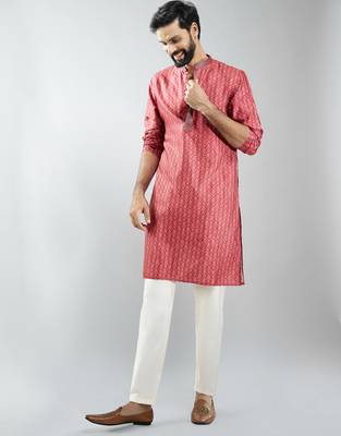 men maroon silk blend digital print kurta set with cream pyjama  wedding & festive wear 1