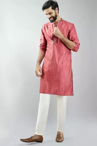 men maroon silk blend digital print kurta set with cream pyjama  wedding & festive wear