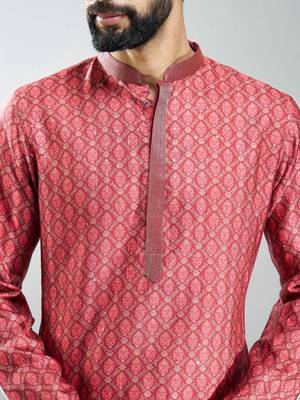 men maroon silk blend digital print kurta set with cream pyjama  wedding & festive wear 2