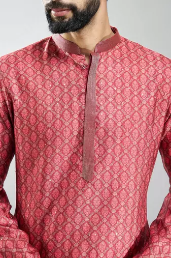 men maroon silk blend digital print kurta set with cream pyjama  wedding & festive wear
