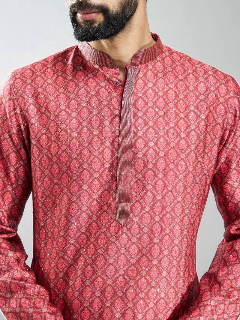 men maroon silk blend digital print kurta set with cream pyjama  wedding & festive wear