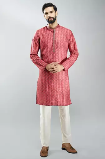 men maroon silk blend digital print kurta set with cream pyjama  wedding & festive wear