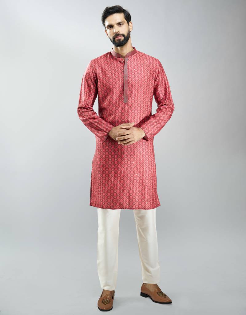 men maroon silk blend digital print kurta set with cream pyjama  wedding & festive wear