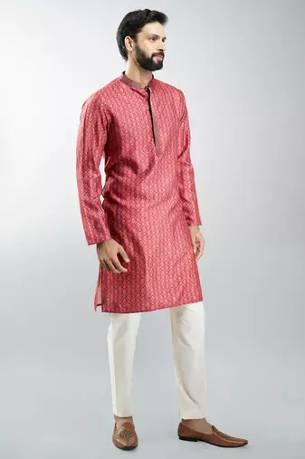 men maroon silk blend digital print kurta set with cream pyjama  wedding & festive wear