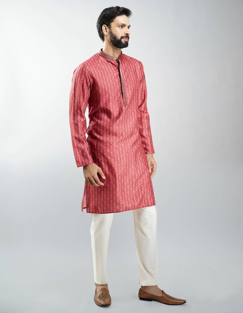 men maroon silk blend digital print kurta set with cream pyjama  wedding & festive wear