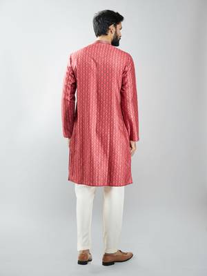men maroon silk blend digital print kurta set with cream pyjama  wedding & festive wear 5