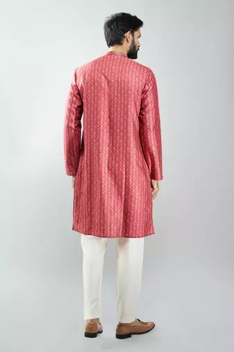 men maroon silk blend digital print kurta set with cream pyjama  wedding & festive wear