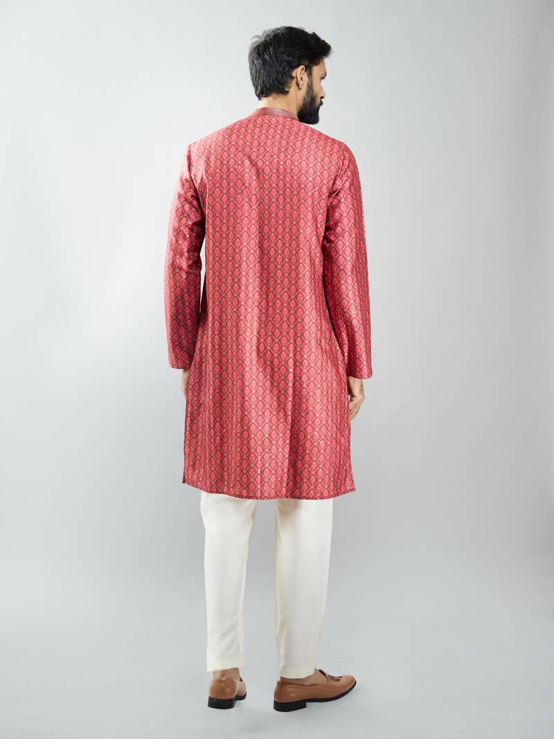 men maroon silk blend digital print kurta set with cream pyjama  wedding & festive wear