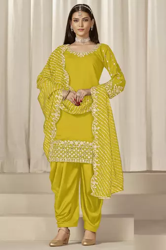 Yellow roman silk embroidered salwar suit