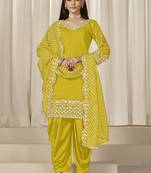 Yellow roman silk embroidered salwar suit