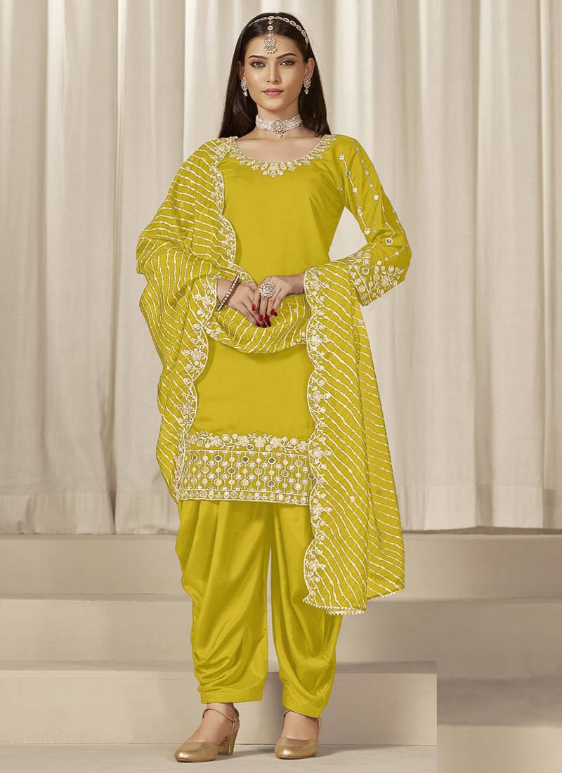 Yellow roman silk embroidered salwar suit
