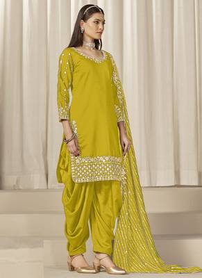 Yellow roman silk embroidered salwar suit 2