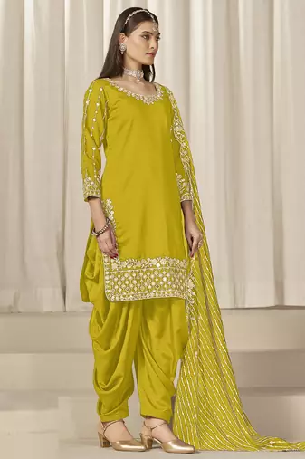 Yellow roman silk embroidered salwar suit