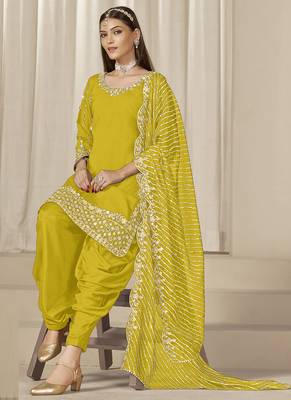 Yellow roman silk embroidered salwar suit 3