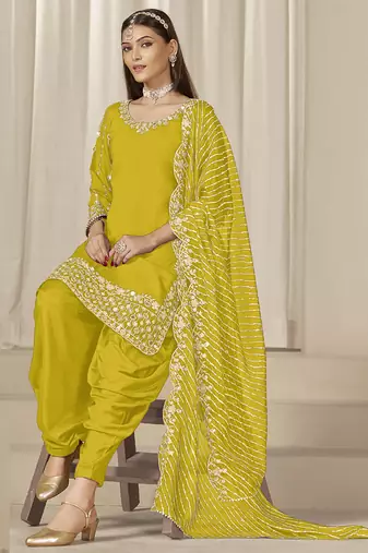 Yellow roman silk embroidered salwar suit
