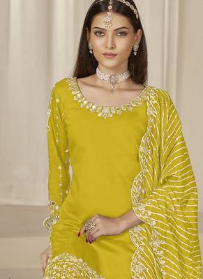 Yellow roman silk embroidered salwar suit 4