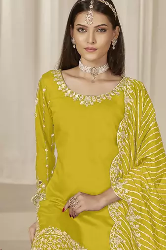 Yellow roman silk embroidered salwar suit