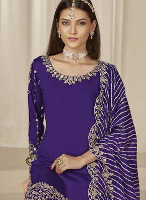 Violet roman silk embroidered salwar suit 4