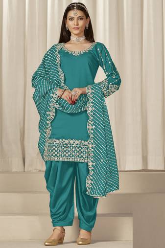 Turquoise roman silk embroidered salwar suit