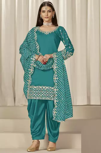 Turquoise roman silk embroidered salwar suit