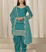 Turquoise roman silk embroidered salwar suit