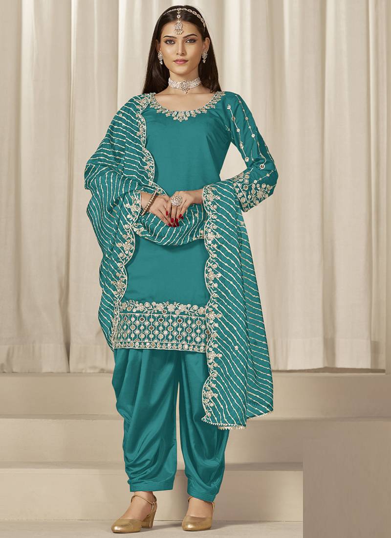 Turquoise roman silk embroidered salwar suit
