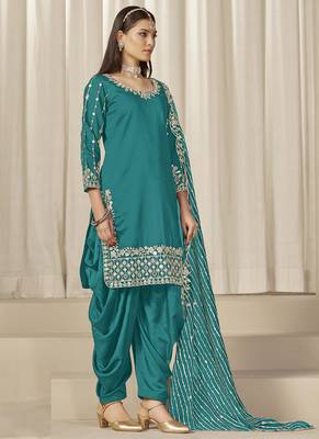 Turquoise roman silk embroidered salwar suit 2