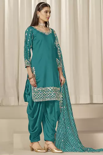Turquoise roman silk embroidered salwar suit