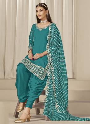 Turquoise roman silk embroidered salwar suit 3