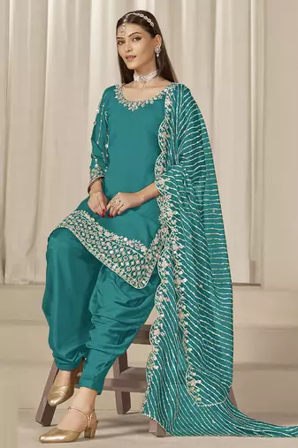 Turquoise roman silk embroidered salwar suit