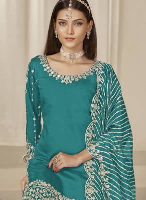 Turquoise roman silk embroidered salwar suit 4