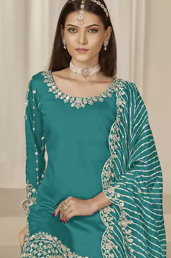 Turquoise roman silk embroidered salwar suit