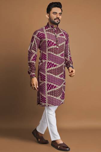 Purple printed cotton straight kurta