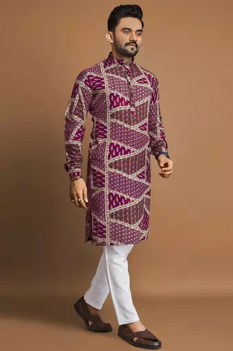 Purple printed cotton straight kurta