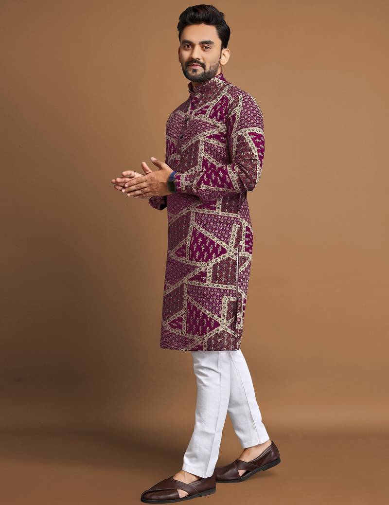 Purple printed cotton straight kurta