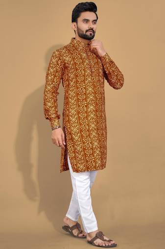 Mustard printed cotton straight kurta