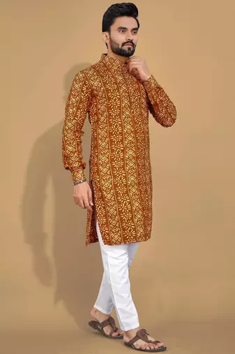 Mustard printed cotton straight kurta