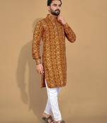 Mustard printed cotton straight kurta