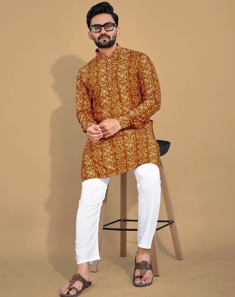 Mustard printed cotton straight kurta
