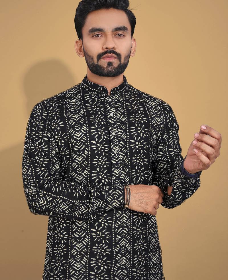 Black printed cotton straight kurta