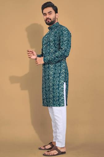 Teal printed cotton straight kurta