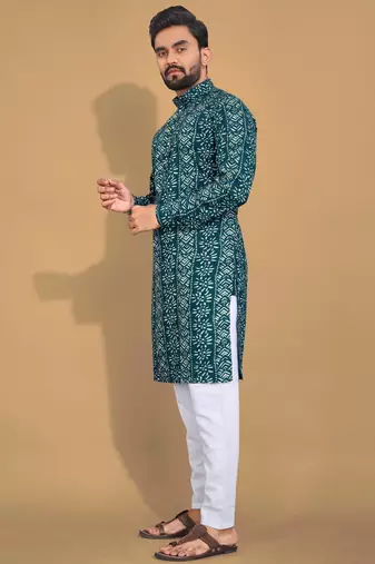 Teal printed cotton straight kurta