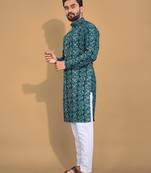 Teal printed cotton straight kurta
